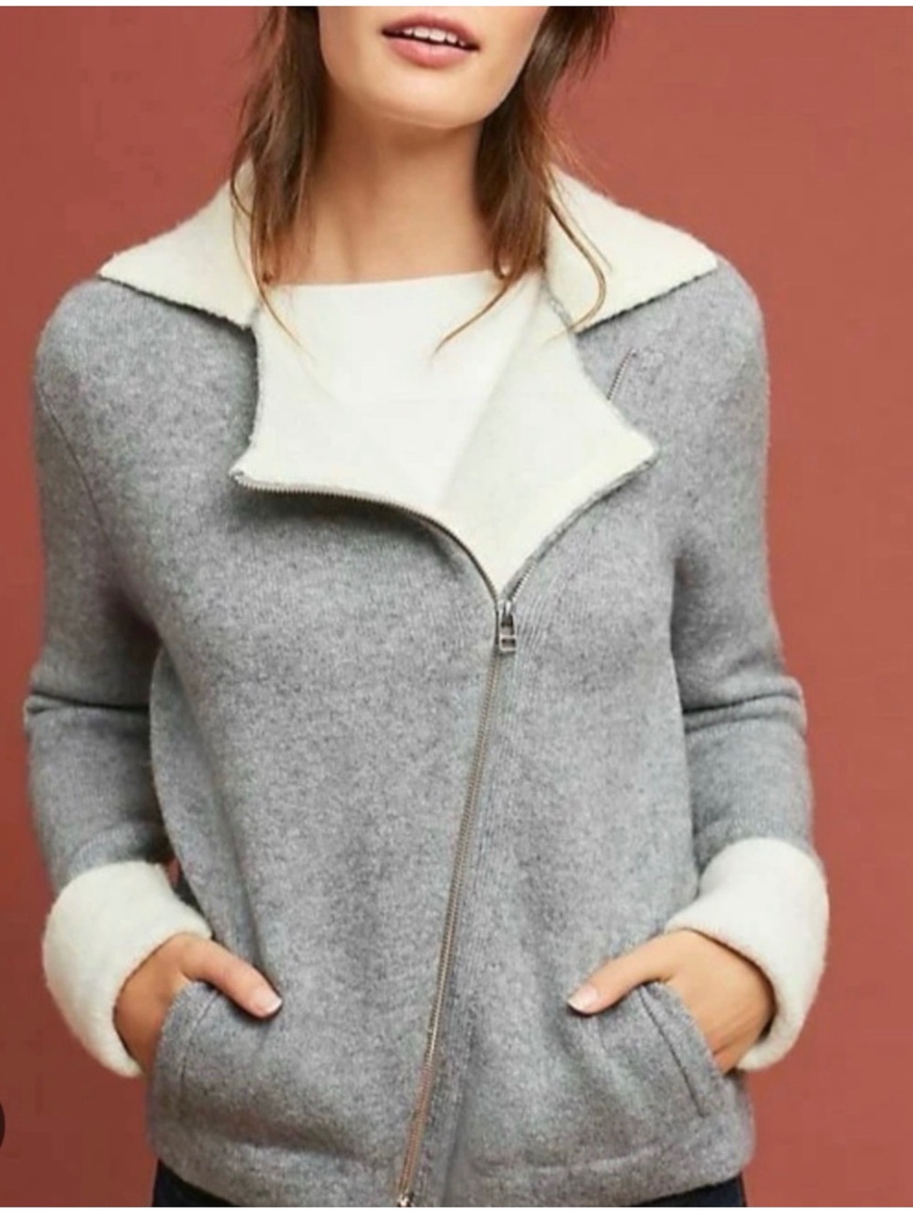 Anthropologie Gray Moto Cardigan Jacket Wool Blend Asymmetrical Zip Size M